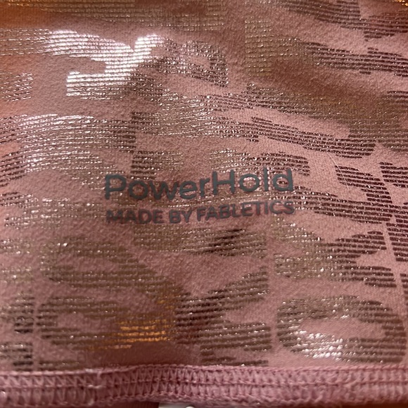 Fabletics Powerhold leggings. Pink with metallic wording throughout. Size medium - Picture 3 of 3
